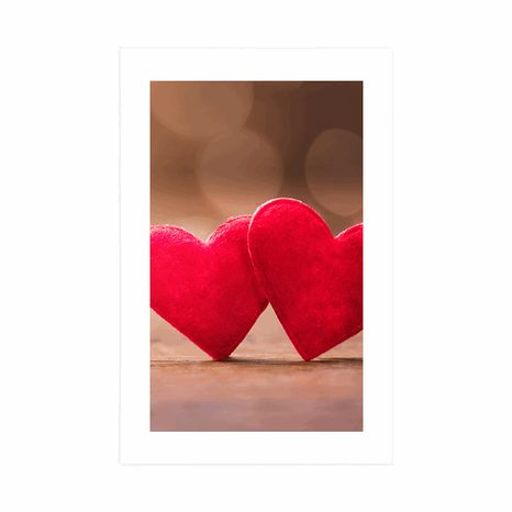 PLAKÁT S PASPARTOU ČERVENÁ SRDÍČKA NA DŘEVĚNÉ TEXTUŘE - LÁSKA - PLAKÁTY
