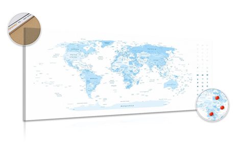 DECORATIVE PINBOARD DETAILED MAP OF THE WORLD IN BLUE - PICTURES ON CORK - PICTURES