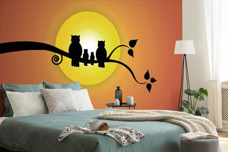 TAPETE EULENFAMILIE AUF DEM BAUMZWEIG - KINDERTAPETEN - TAPETEN