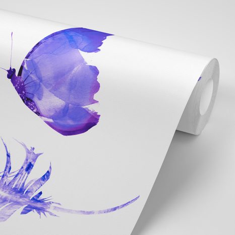 WALLPAPER FEATHER WITH A BUTTERFLY IN PURPLE DESIGN - WALLPAPERS WITH IMITATION OF PAINTINGS - WALLPAPERS