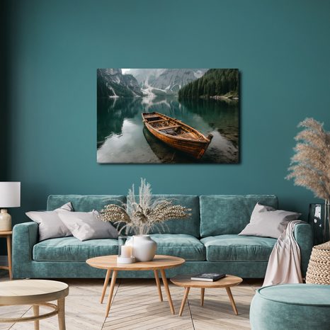 QUADRO SU TELA – BARCA SU LAGO DI MONTAGNA - QUADRI LAGHI - STAMPE E QUADRI