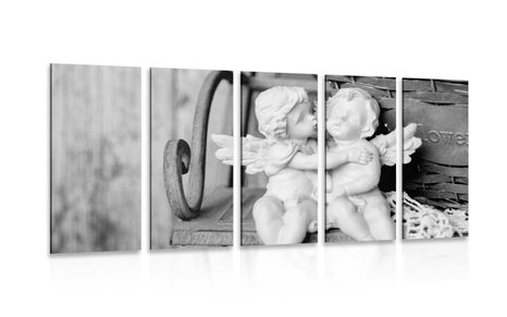 5-PIECE CANVAS PRINT ANGEL STATUES ON A BENCH IN BLACK AND WHITE - BLACK AND WHITE PICTURES - PICTURES