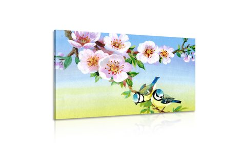 OBRAZ SÝKORKY A KVETOUCÍ KVĚTINY - VINTAGE A RETRO OBRAZY - OBRAZY