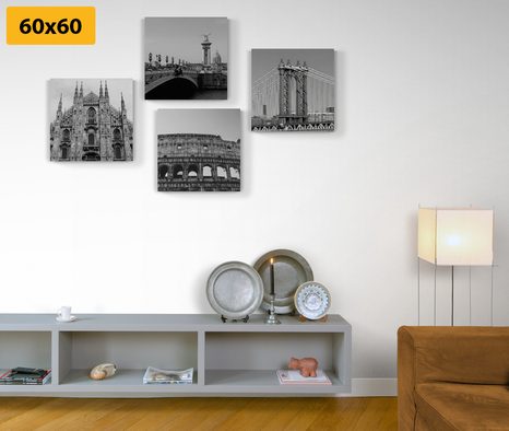SET OBRAZŮ MĚSTA V ČERNOBÍLÉM PROVEDENÍ - SESTAVY OBRAZŮ - OBRAZY