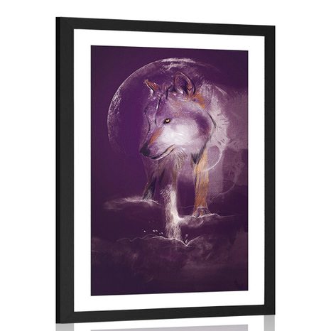 POSTER MIT PASSEPARTOUT WOLF IM MONDLICHT - MOTIVE AUS UNSERER WERKSTATT - POSTER