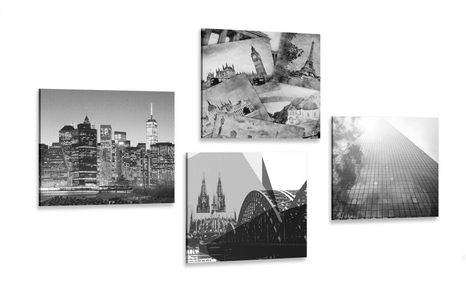 CANVAS PRINT SET OF CITIES IN BLACK AND WHITE - SET OF PICTURES - PICTURES