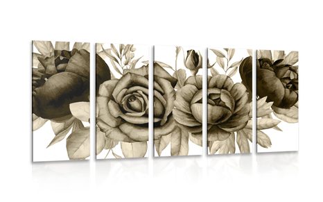 5-PIECE CANVAS PRINT CHARMING COMBINATION OF FLOWERS AND LEAVES IN SEPIA DESIGN