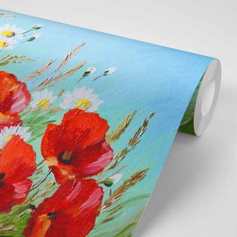 TAPETE ROTE MOHNBLUMEN AUF DEM FELD - TAPETEN MIT BLUMENMOTIVEN - TAPETEN