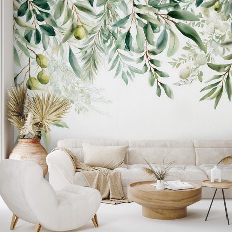 FOTOTAPET RAMURI DE MĂSLIN VERZI PE FUNDAL ALB - TAPETE FRUNZE - TAPETURI