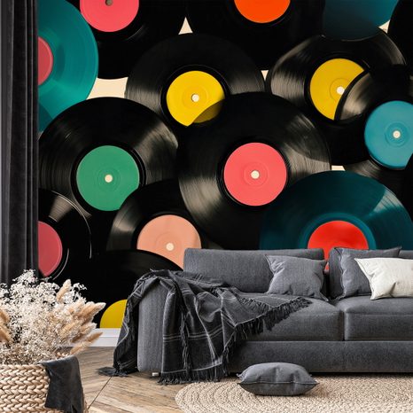 TAPETE BUNTE RETRO-VINYLPLATTEN - MUSIK FOTOTAPETEN - TAPETEN