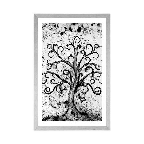 PLAKAT S PASPARTUOM SIMBOL DRVO ŽIVOTA U CRNO-BIJELOM DIZAJNU - CRNO-BIJELE - PLAKATI