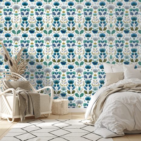 TAPETA MODRÉ KVĚTY NA BÍLÉM POZADÍ - VZOROVANÉ TAPETY - TAPETY