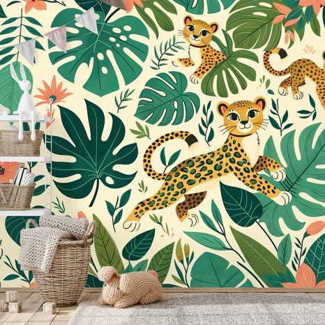 SELBSTKLEBENDE TAPETE NIEDLICHE LEOPARDENBABYS IM DSCHUNGEL - KINDERTAPETEN - TAPETEN