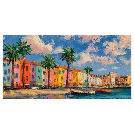 WANDBILD SONNIGE STADT MIT PALMEN - BUNTE HÄUSER - BILDER