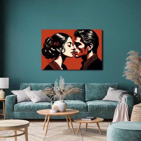 WANDBILD LEIDENSCHAFTLICHER KUSS IN ROT - BILDER MIT LIEBESMOTIVEN - BILDER