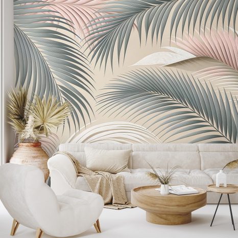 TAPETA PASTELOVÉ PALMOVÉ LISTY NA BÉŽOVÉ - TAPETY LISTY - TAPETY