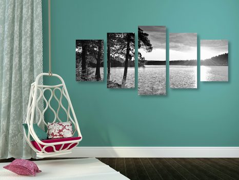 5-DELNA SLIKA SONČNI ZAHOD NAD JEZEROM V ČRNOBELI IZVEDBI - ČRNOBELE SLIKE - SLIKE