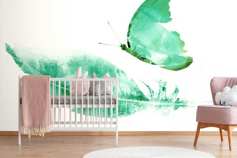 TAPETA PÍRKO S MOTÝLEM V ZELENÉM PROVEDENÍ - TAPETY S IMITACÍ MALEB - TAPETY