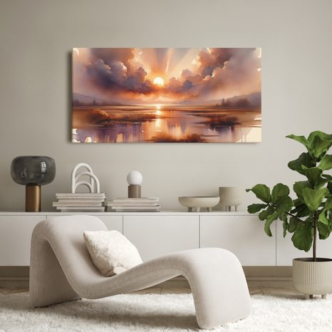 WANDBILD SONNE ÜBER RUHIGER WASSERFLÄCHE - BILDER VON SONNENAUFGANG UND SONNENUNTERGANG - BILDER