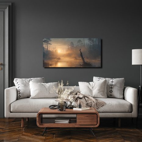 TABLEAU SUR TOILE – AUBE PAISIBLE DANS LA BRUME FORESTIÈRE - TABLEAUX DU LAC - TABLEAUX