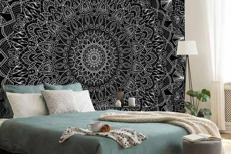 SAMOLEPÍCÍ TAPETA DETAILNÍ OZDOBNÁ MANDALA V ČERNOBÍLÉM - SAMOLEPÍCÍ TAPETY - TAPETY