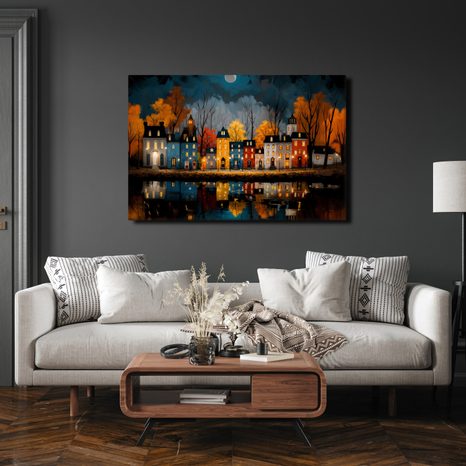 OBRAZ KOUZELNÁ ZIMNÍ VESNICE - BAREVNÉ DOMY - OBRAZY