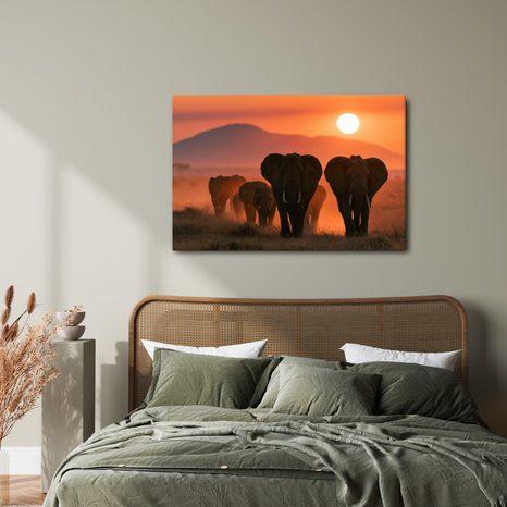 TABLEAU SUR TOILE – ÉLÉPHANTS AU COUCHER DU SOLEIL - TABLEAUX ÉLÉPHANTS - TABLEAUX