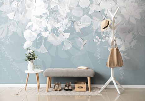 CARTA DA PARATI AUTOADESIVA – FOGLIE CON COLIBRÌ IN BLU-GRIGIO - CARTA DA PARATI AUTOADESIVE - CARTA DA PARATI