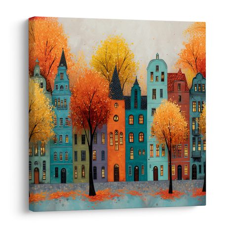 WANDBILD HERBSTLICHE STRASSE MIT BUNTEN BÄUMEN - BUNTE HÄUSER - BILDER