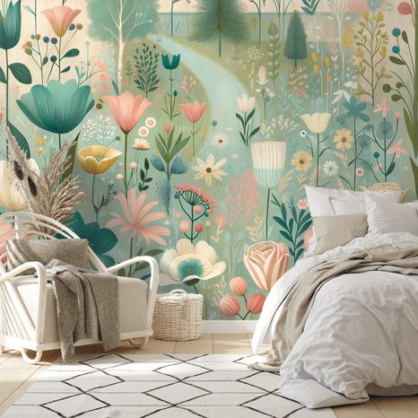 TAPETE PASTELLFARBENE BLUMENWIESE - TAPETEN FELDER UND WIESEN - TAPETEN