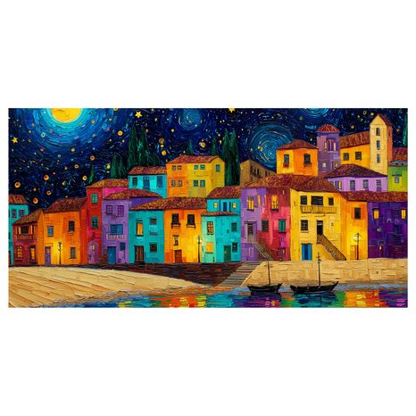 OBRAZ ZÁŘÍCÍ HVĚZDNÁ OBLOHA - BAREVNÉ DOMY - OBRAZY