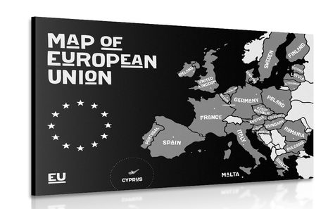 CANVAS PRINT EDUCATIONAL MAP WITH THE NAMES OF THE COUNTRIES OF THE EUROPEAN UNION IN BLACK AND WHITE - PICTURES OF MAPS - PICTURES
