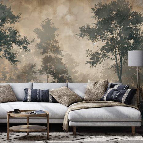 TAPET AUTOADEZIV CEAȚĂ DE PĂDURE ÎN TONURI DE GRI - TAPET PĂDURE - TAPETURI