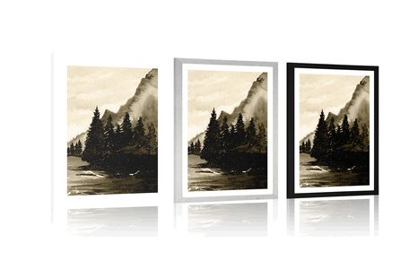 POSTER WITH MOUNT SKETCHED WINTER LANDSCAPE IN SEPIA DESIGN - BLACK AND WHITE - POSTERS
