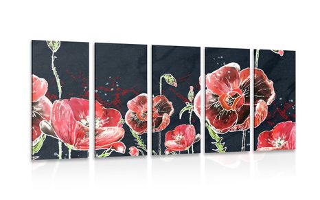 5 PART PICTURE OF RED POPPIES ON A BLACK BACKGROUND
