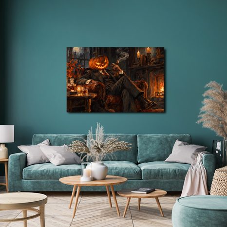 QUADRO SU TELA – GENTILUOMO ZUCCA ACCANTO AL CAMINO - QUADRI HALLOWEEN E HORROR - STAMPE E QUADRI