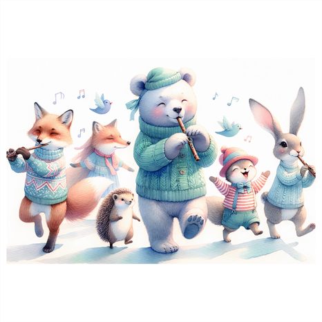 WANDBILD MUSIKALISCHE TIERPARADE IN WINTERLANDSCHAFT - KINDERBILDER TIERE - BILDER