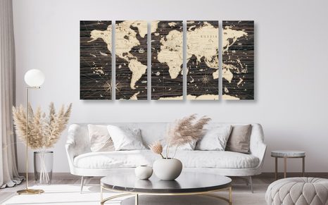 5-TEILIGES WANDBILD WELTKARTE AUF HOLZHINTERGRUND - WELTKARTEN ALS BILDER - BILDER
