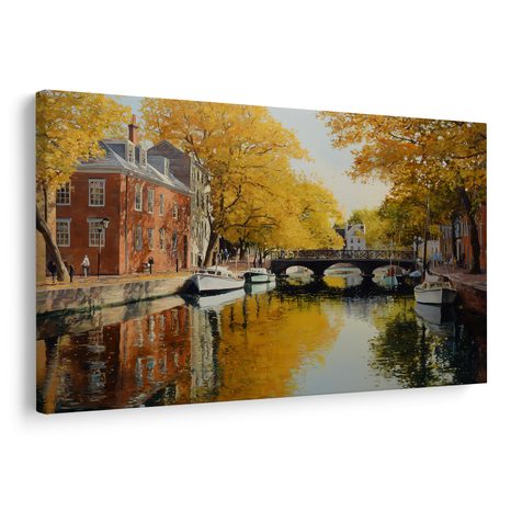 OBRAZ PODZIMNÍ KANÁL U MOSTU - BAREVNÉ DOMY - OBRAZY
