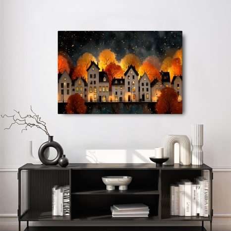 OBRAZ VÁNOČNÍ VESNICE POD HVĚZDAMI - BAREVNÉ DOMY - OBRAZY