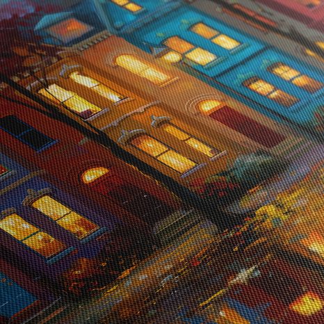 WANDBILD LEUCHTENDE STRASSE BEI NACHT - BUNTE HÄUSER - BILDER