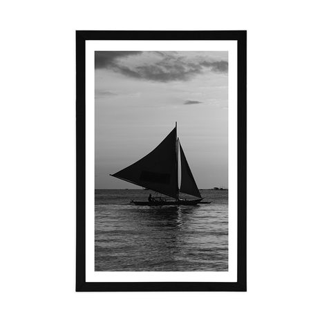 POSTER WITH MOUNT BEAUTIFUL SUNSET AT SEA IN BLACK AND WHITE - BLACK AND WHITE - POSTERS