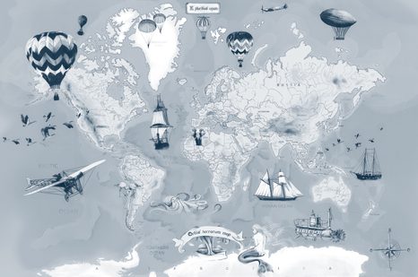 TAPETA NACRTANI ZEMLJOVID S PLOVILIMA U SIVO-PLAVOJ BOJI - TAPETE ZEMLJOVIDI - TAPETE