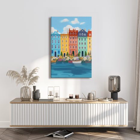 OBRAZ PASTELOVÉ MĚSTO S LODĚMI - BAREVNÉ DOMY - OBRAZY