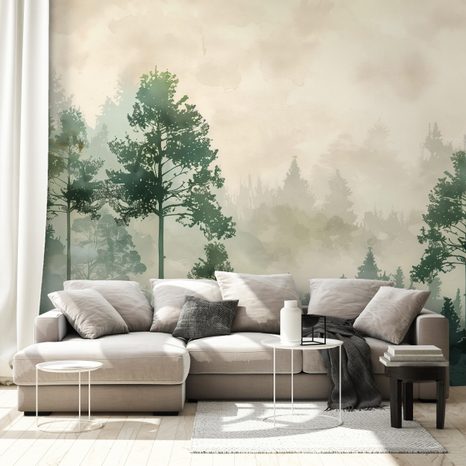 TAPETA ZELENE ŠUMSKE SILUETE U MAGLI - TAPETE ŠUMA - TAPETE