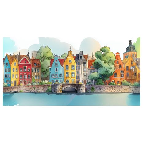 SLIKA SLIKOVITI GRADSKI PEJZAŽ - ŠARENE KUĆE - SLIKE