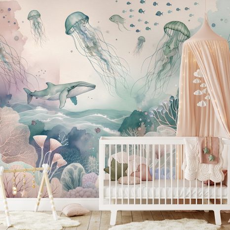SAMOLEPÍCÍ FOTOTAPETA PODMOŘSKÝ SVĚT V PASTELOVÝCH BARVÁCH - TAPETY MOŘŠTÍ ŽIVOČICHOVÉ - TAPETY
