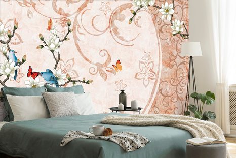 SAMOLEPÍCÍ TAPETA VINTAGE ZÁTIŠÍ S PTÁČKY A MOTÝLY - SAMOLEPÍCÍ TAPETY - TAPETY