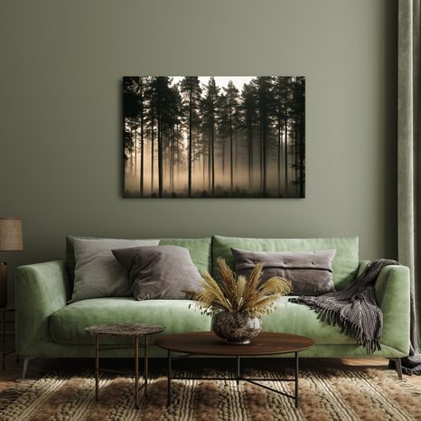 TABLEAU SUR TOILE – FORÊT DE PINS BRUMEUSE À L’AUBE - TABLEAUX FORÊT - TABLEAUX