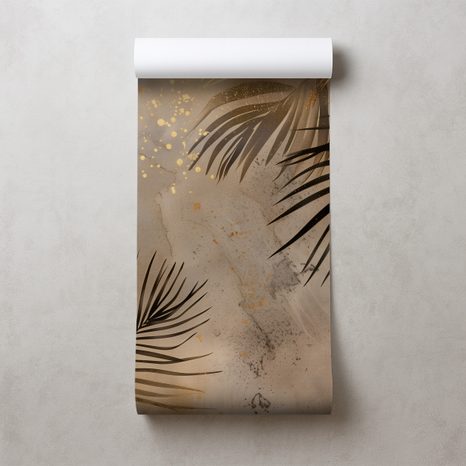 FOTOTAPET FRUNZE DE PALMIER AURII PE GRI - TAPETE FRUNZE - TAPETURI